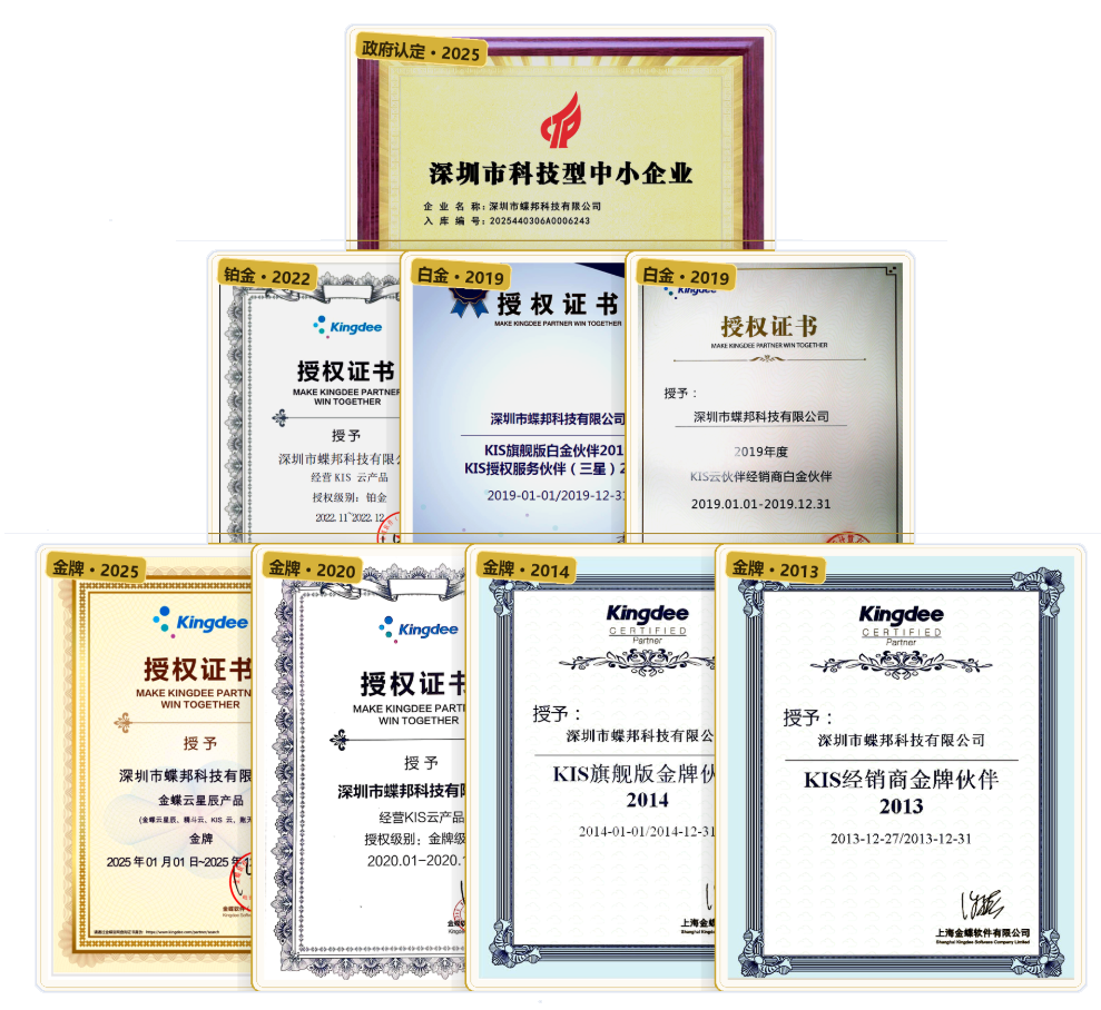 深圳市蝶邦科技有限公司荣誉资质：深圳市科技型中小企业认定证书与金蝶官方授权证书合集